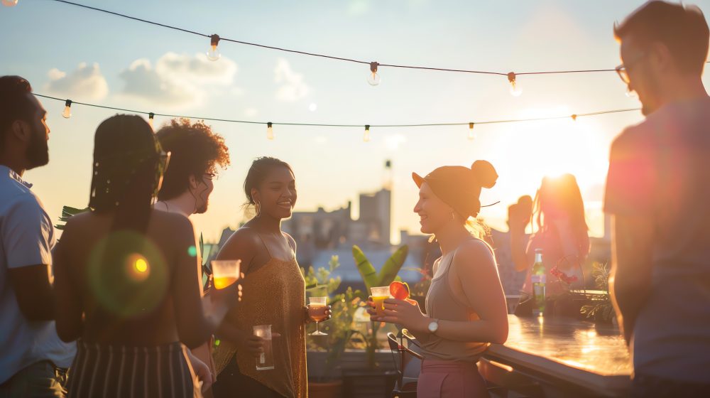 People enjoying drinks and conversation at a rooftop party in the summer.